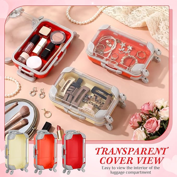 Honeydak 3 Pcs Mini Plastic Suitcase False Eyelashes Tray Luggage Trolley Candy Box Clear Suitcase Packaging Party Box for Jewelry Cosmetic Hairpins Storage(Warm Color,4.7 x 2.8 x 1.3 Inch)
