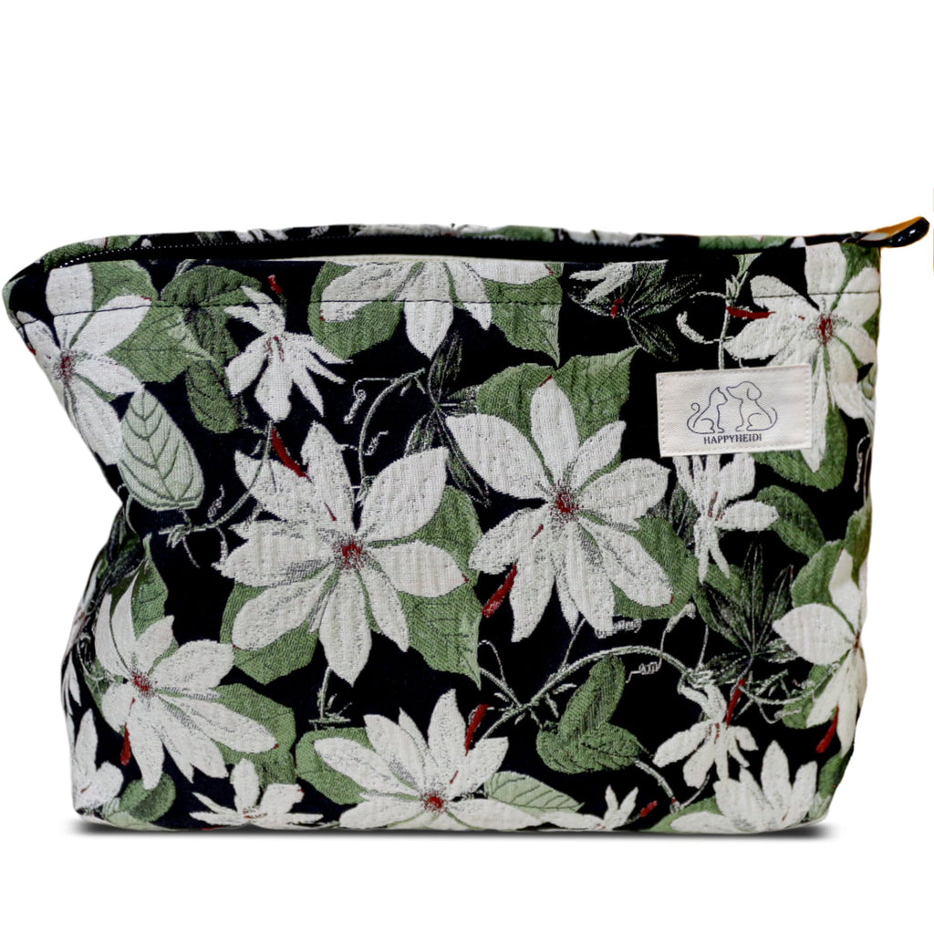 HAPPYHEIDI Large Makeup Bag Travel Cosmetic Pouch, White Florals