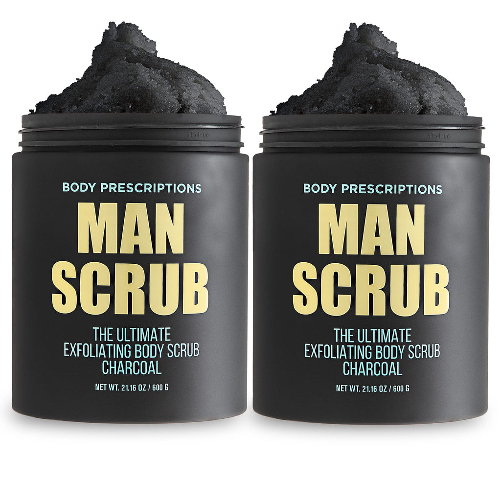 Body Prescriptions Men’s Exfoliating Body Scrub – Ultimate Skin Cleansing Wash in Jar with Twist-Top Lid, For All Skin Types, 21 Ounce (Pack of 2), Charcoal