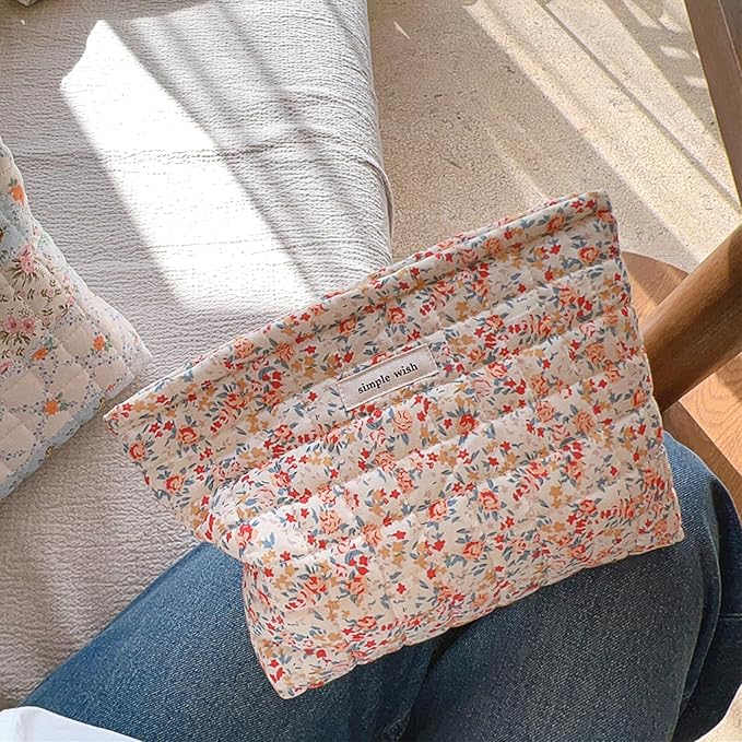 Sminra Quilted Floral Makeup Bag for Women, Cotton Cosmetic Pouch with Zipper, Slim Travel Toiletry Organizer for Makeup, Skincare and Daily Essentials Organizer (Red Floral-L)