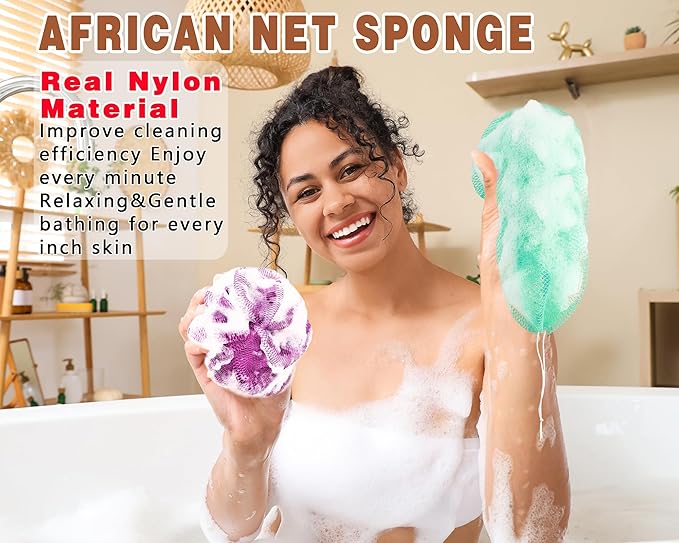 2 Pack African Net Sponge Exfoliating Body Scrubber Bath Sponge for Daily Use (Light Purple +Seafoam)