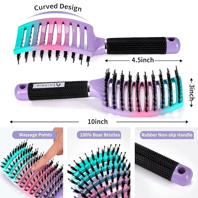 Boar Bristle Hair Brush Set of 2, HIPPIH Wet & Dry Hair Brushes Made by Fine Natural Boar Hair Can Adds Shine and Smoothing, Detangling Hairbrush for Women, Men & Kids' Long Curly Thick Hair
