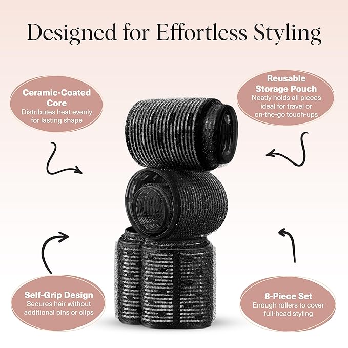 Kitsch Ceramic Hair Rollers for Women – Self-Grip Hair Curlers for Heatless Overnight Curls, Long-Lasting, Frizz-Free, Volumizing Large Rollers for All Hair Types – Black, 8 Count (Pack of 1)