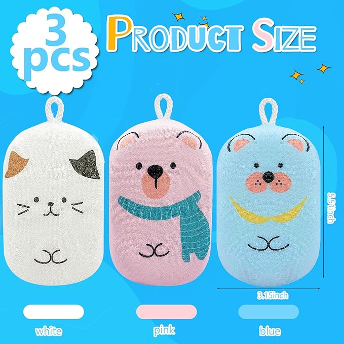 JieLiLeHome Baby and Kids Bath Loofah Sponge, Soft and Absorbent Toddler Exfoliating Body Scrubber Shower Loofa Sponge,Cute Pattern Design for Kids Baby Women Boys and Girl, 3 Pack (Bear/Dog/Cat)