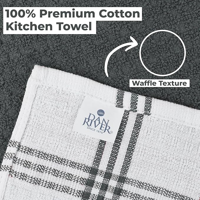 DAN RIVER Premium Kitchen Towels - [Pack of 12] 100% Cotton (16x 26 Inches) -Super Soft,Highly Absorbent, Quick Dry, Dish Towels for Kitchen Towels -Grey