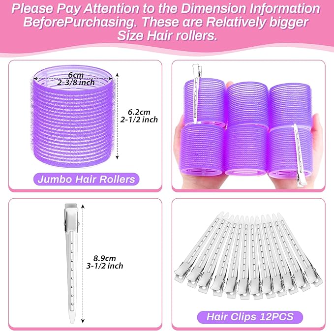 Jumbo Hair Curlers Set - 24 Pieces with 12 Large Rollers and 12 Clips for Adding Volume to Long, Thick Hair (Purple)