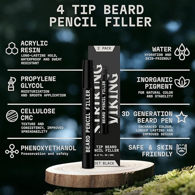 4 Pack Beard Filling Pen Kit with 4 Tips - Waterproof Beard Pencil for Men, Fill, Shape & Define with Brush - Striking Viking (Jet Black)