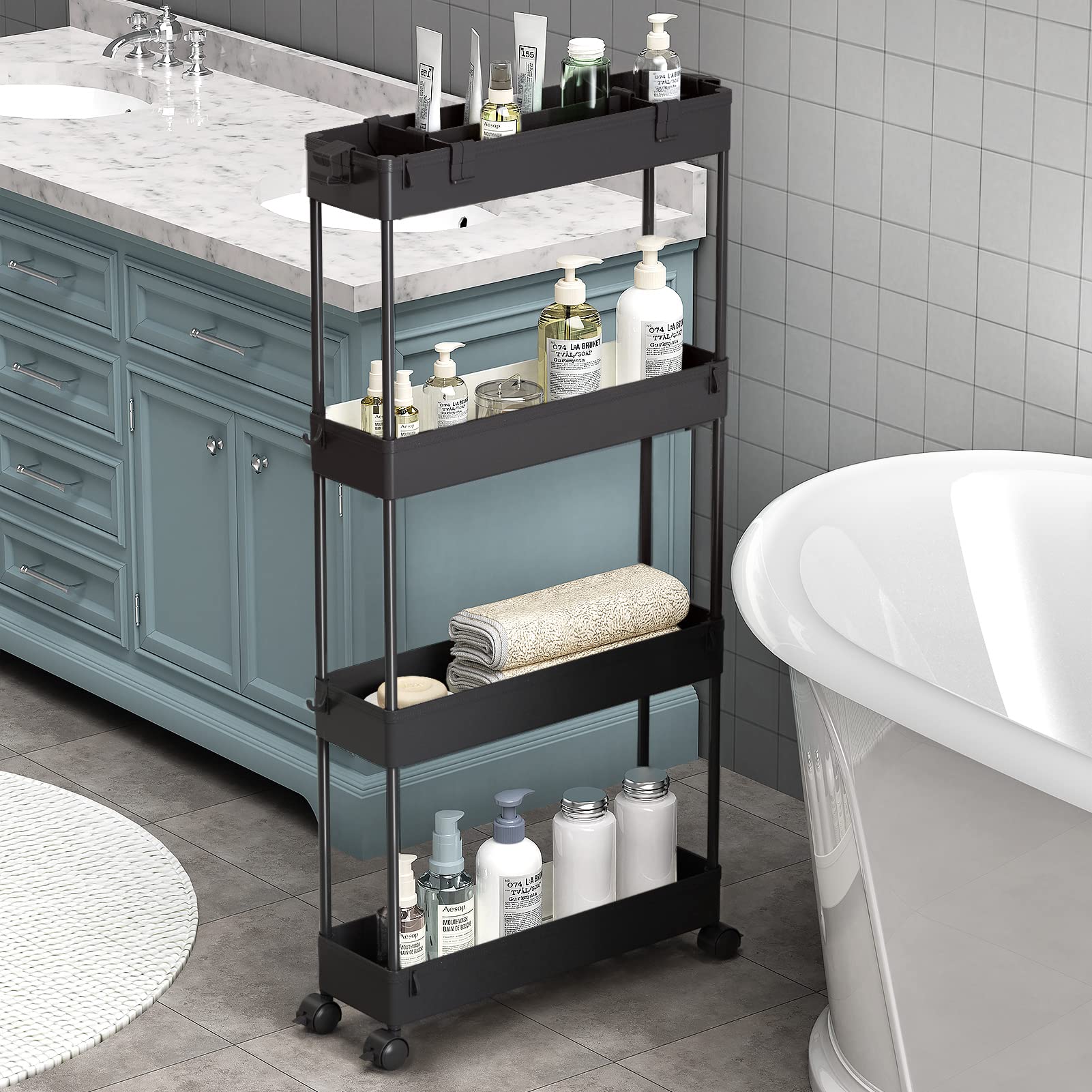 SPACELEAD Slim Storage Cart 4 Tier,Bathroom Organizer Rolling Utility,Mobile Shelving Unit Slide Out for Office, Kitchen, Laundry Room & Narrow Places,Black