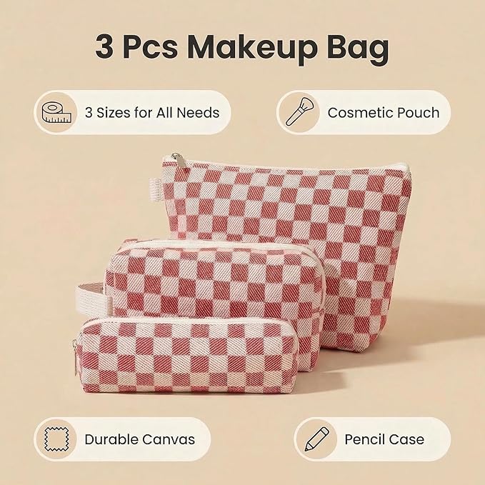 Beayuva 3 Pcs Canvas Makeup Bag Set Checkered Cosmetic Pouch for Women Travel Toiletry Bag Cute Makeup Organizer Purse Pouch Preppy Pencil Case with Zipper (Checkered Red)