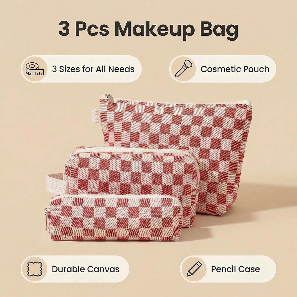 Beayuva 3 Pcs Canvas Makeup Bag Set Checkered Cosmetic Pouch for Women Travel Toiletry Bag Cute Makeup Organizer Purse Pouch Preppy Pencil Case with Zipper (Checkered Red)