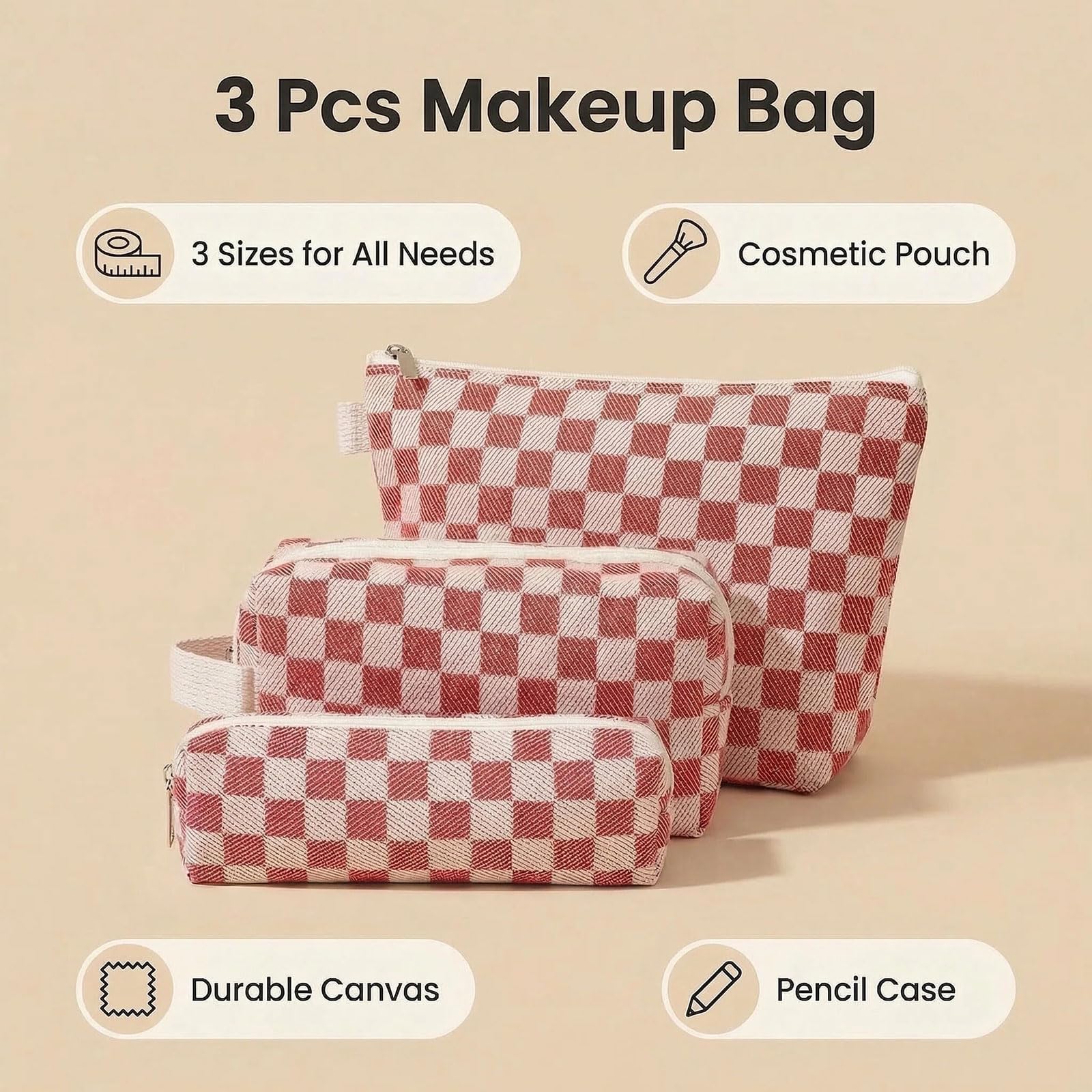 Beayuva 3 Pcs Canvas Makeup Bag Set Checkered Cosmetic Pouch for Women Travel Toiletry Bag Cute Makeup Organizer Purse Pouch Preppy Pencil Case with Zipper (Checkered Red)