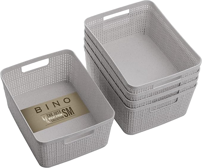 BINO | Woven Plastic Basket | Large (Natural Grey), 3-Pack | THE JUTE COLLECTION | Home Organization, Space - Saving Storage, Stylish Design | Jute Basket | Plastic Storage Basket