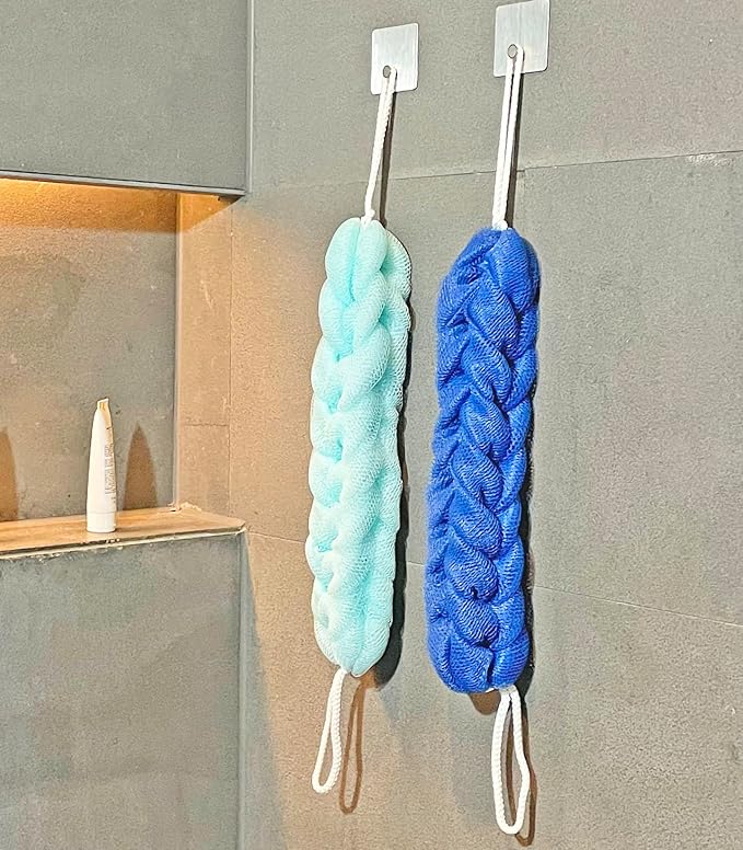 Long Stretch Back Sponge with Rope Handles Back Scrubber Bath Shower Mesh Sponge Exfoliating Body Scrub Stretch Braided Loofah for Men and Women(2-Pack,Blue Green)