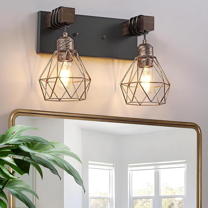 Farmhouse Bathroom Vanity Light Fixtures, 2-Light Wood Bathroom Light Fixtures Over Mirror, Rustic Sconces Wall Lighting with Elegant Metal Lampshade for Living Room, Bedroom, Hallway