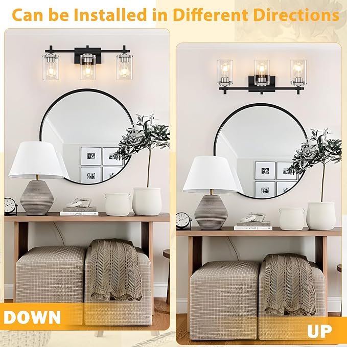 3-Lights Black and Brushed Nickel Bathroom Light Fixtures, Modern Black and Nickel Vanity Light with Clear Glass Shade, Wall Mount Lights Over Mirror for Bedroom Hallway Living Room