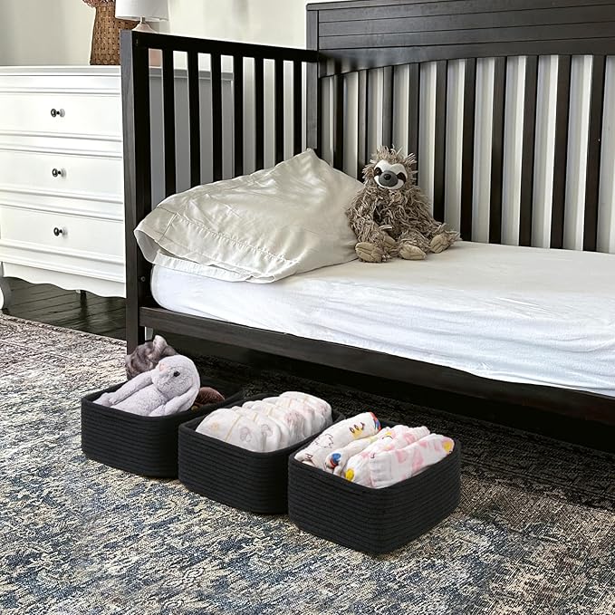 Goodpick Storage Baskets, Rope Shelf Basket Small Baskets for Gifts Empty Storage Baskets for Organizing Toy Baskets Storage Kids Storage Bins Woven Baskets 3 Pack, Black, 13 x 8 x 5 in