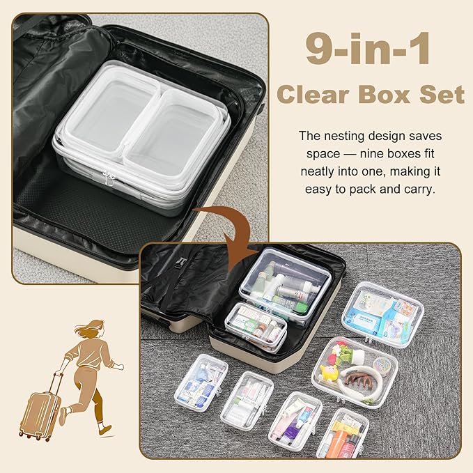 WELPIRT 9 pcs Zipper Pouches Nesting Set, Hard Shell Toiletry Bag, Stackable Travel Organizer, Cosmetic Bags, Transparent Diaper Bag, Storage Cases (1 Tall M + 2M + 6S)