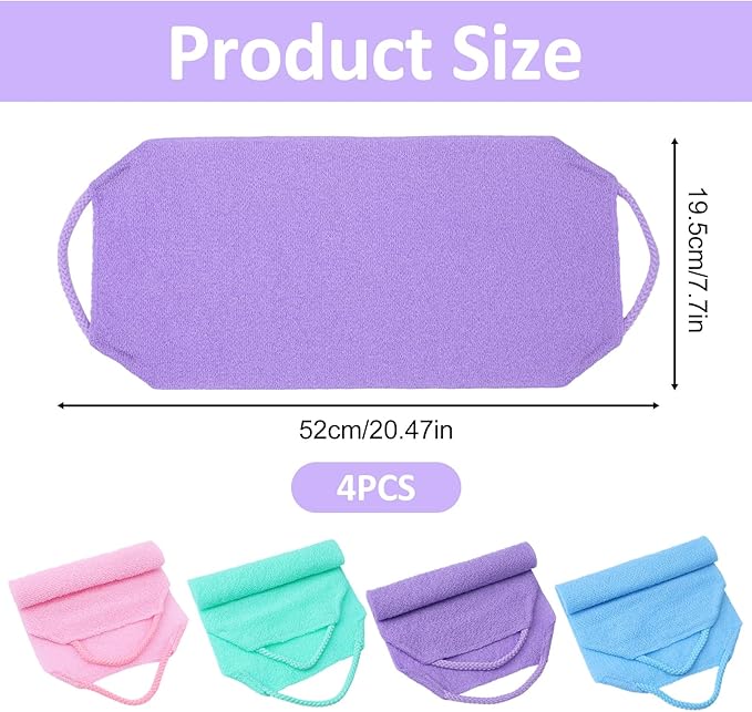 DOPENSPI 4PCS Exfoliating Back Scrubber with Handles, Nylon Double-Sided Exfoliator Extended Length Stretchable Body Exfoliating Washcloth Pull Strap Back Washer for Women Men