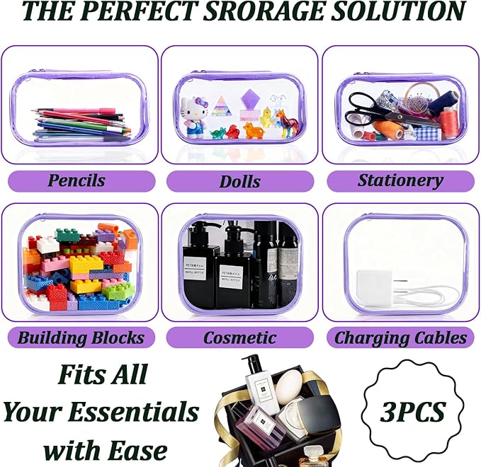 YOQIVEXU 3 Pcs Clear Hard Zipper Case, Hard Shell Plastic Clear Organizer Bag, Transparent Makeup Pouches, Portable Box for Travel Toiletries Storage Bins (Purple)