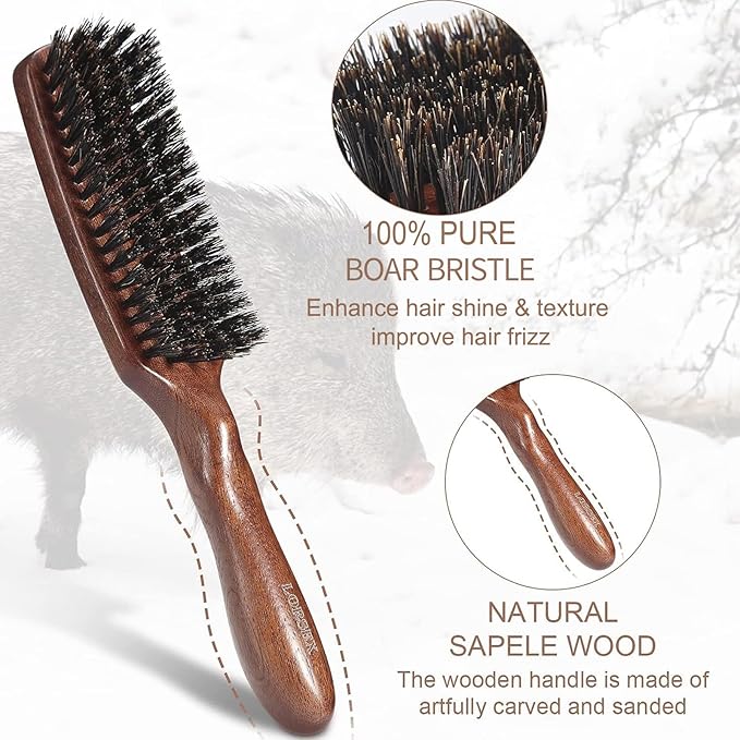 Lorsex Hair brush for Men, Boar Bristles Slick Back Hair Brush for Fine Thin Medium Hair, Nature Boar Hairbrush for Beard Styling