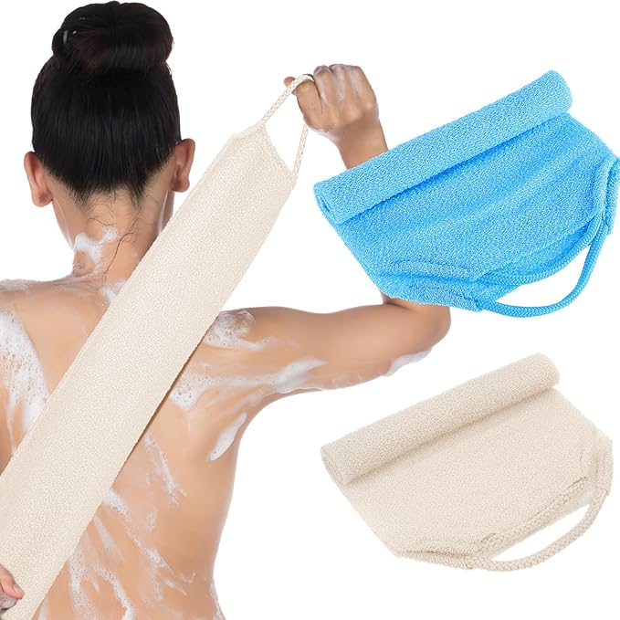 COMNICO 2pcs Exfoliating Back Scrubber, Nylon Shower Bath Exfoliator Extended Length Body Scrub Towel Stretchable Pull Korean Washcloth Strap with Handles