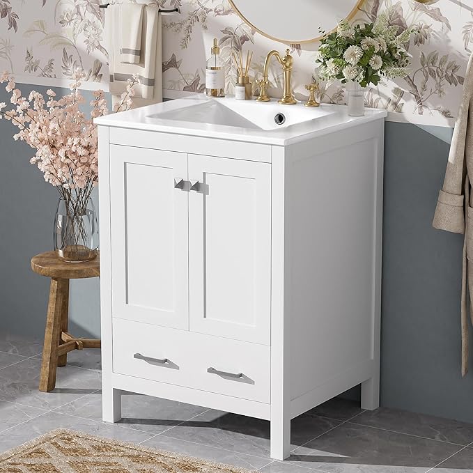 Bellemave 24" Bathroom Vanity with Sink Combo Set, Solid Wood Frame Bathroom Storage Cabinet with a Drawer, 2 Soft Closing Cabinet Doors with Organizer, White