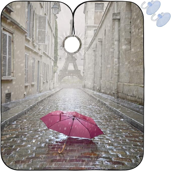 Visesunny Romantic Eiffel Tower Pink Umbrella Barber Anti-Static Hair Cutting Cape Professional Salon Polyester Cape Water-Resistant Hairdressing Adjustable Snap