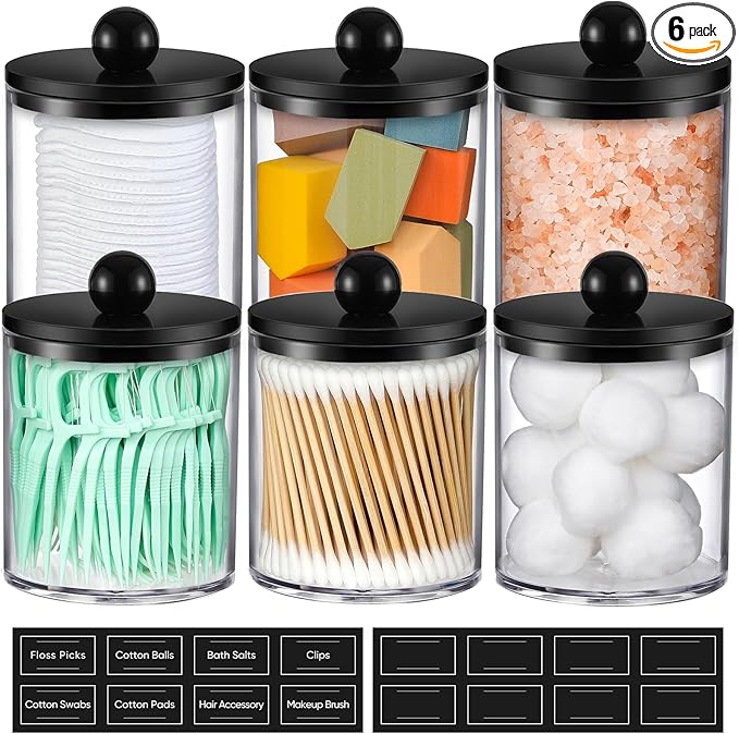 2 Pack Acrylic Qtip Holder Dispenser for Cotton Swabs, Balls, Pads, Floss - Plastic Canister Apothecary Jar Set, Bathroom Essentials Accessories Decor Vanity Makeup Storage Organizer - Clear & Black