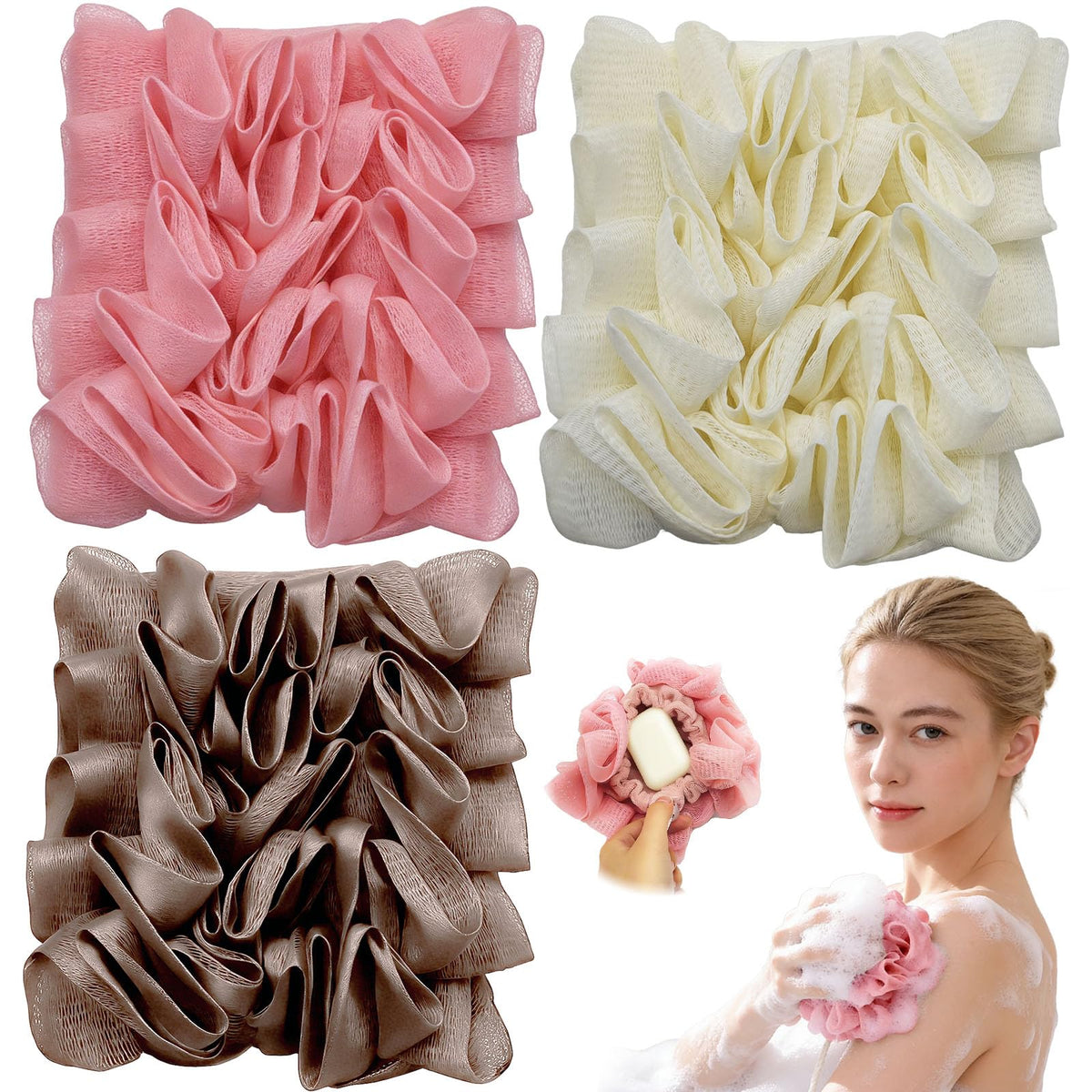 2-Pack Washable Soap Bag for Bar Soap, Reusable Soap Bar Loofah Pouch with Soap Pocket, 2-in-1 Shower Scrubber, Brown & Gray