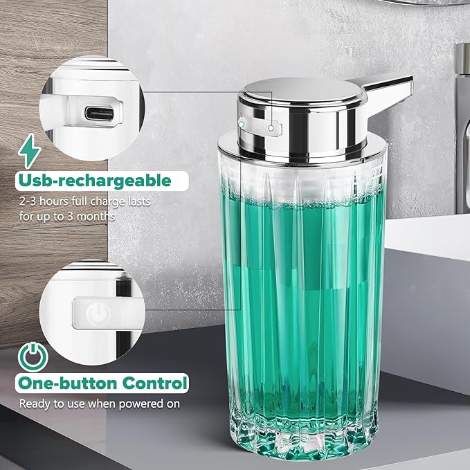 Automatic Soap Dispenser Foam for Kitchen: 11 OZ Glass Touchless Clear Auto Foaming Soap Dispenser for Bathroom - Hand Dish Lotion Home Countertop Kids - Family Couple