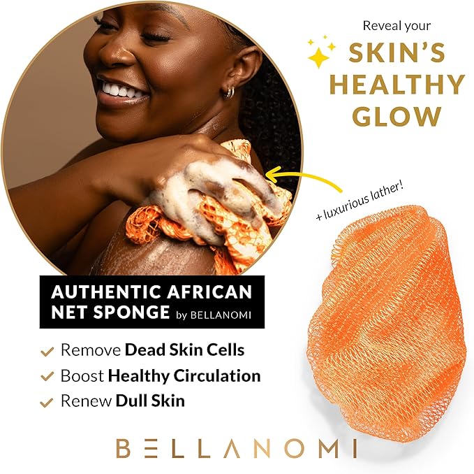 BELLANOMI African Exfoliating Net Sponge, Authentic, Ethically sourced from Nigeria, 45 inches Long, Back Scrubber for Daily use (Orange)