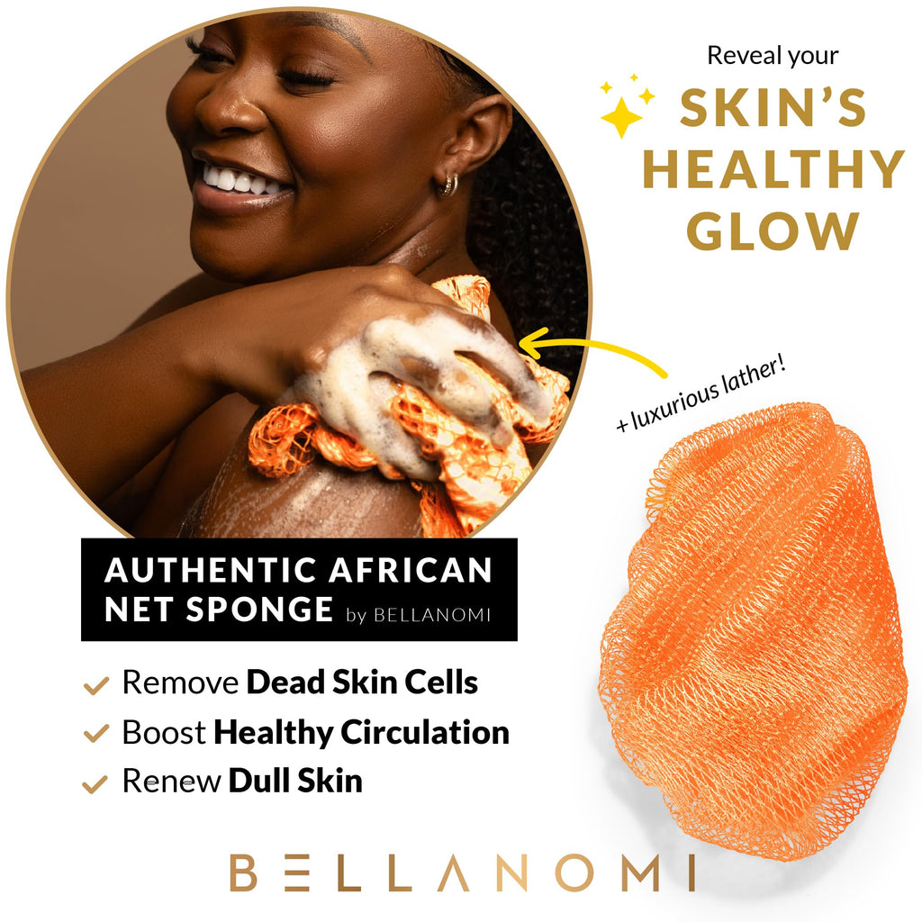BELLANOMI African Exfoliating Net Sponge, Authentic, Ethically sourced from Nigeria, 45 inches Long, Back Scrubber for Daily use (Orange)