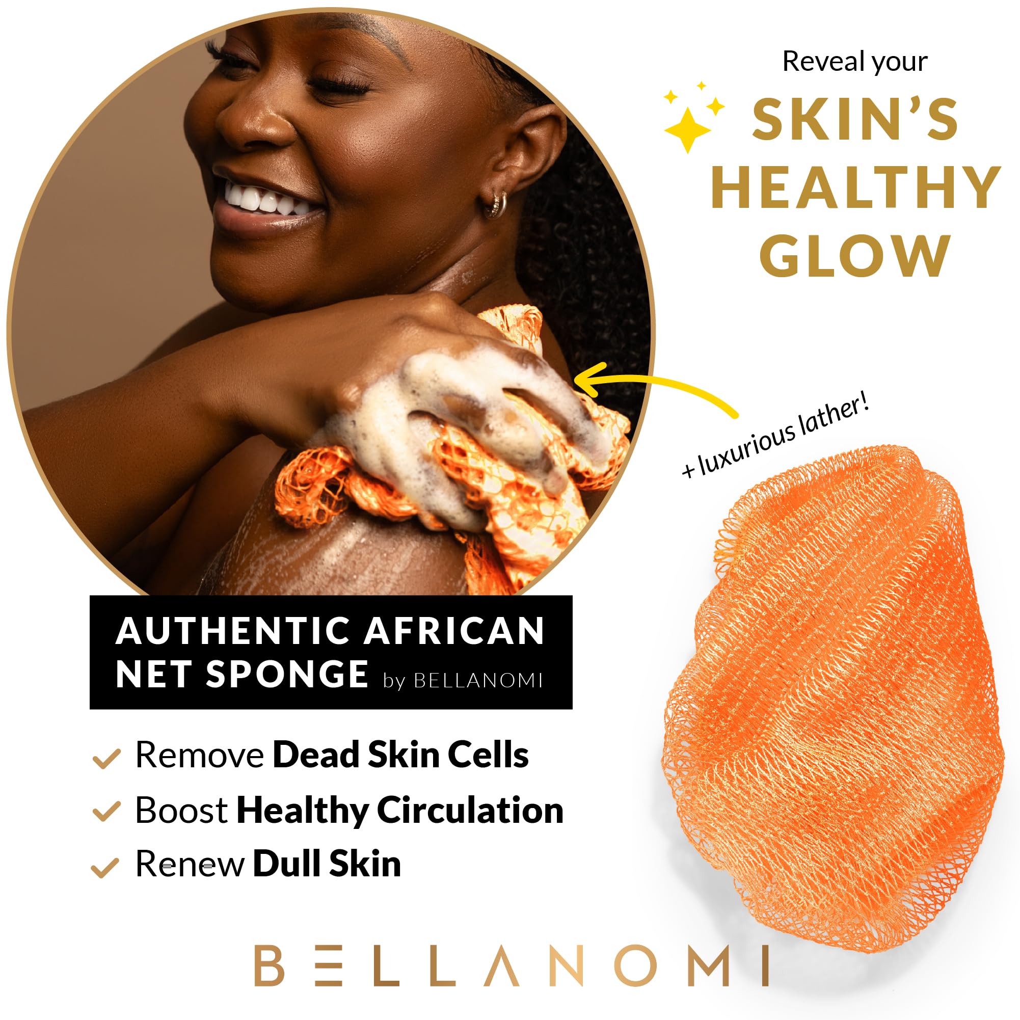 BELLANOMI African Exfoliating Net Sponge, Authentic, Ethically sourced from Nigeria, 45 inches Long, Back Scrubber for Daily use (Orange)