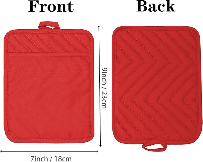 VEIKERY Oven Pot Holder with Pocket Cotton Heat Resistant Coaster Potholder Kitchen Hot Pad Oven Mitts for Cooking Square 7"x9"Set of 5 (Red)