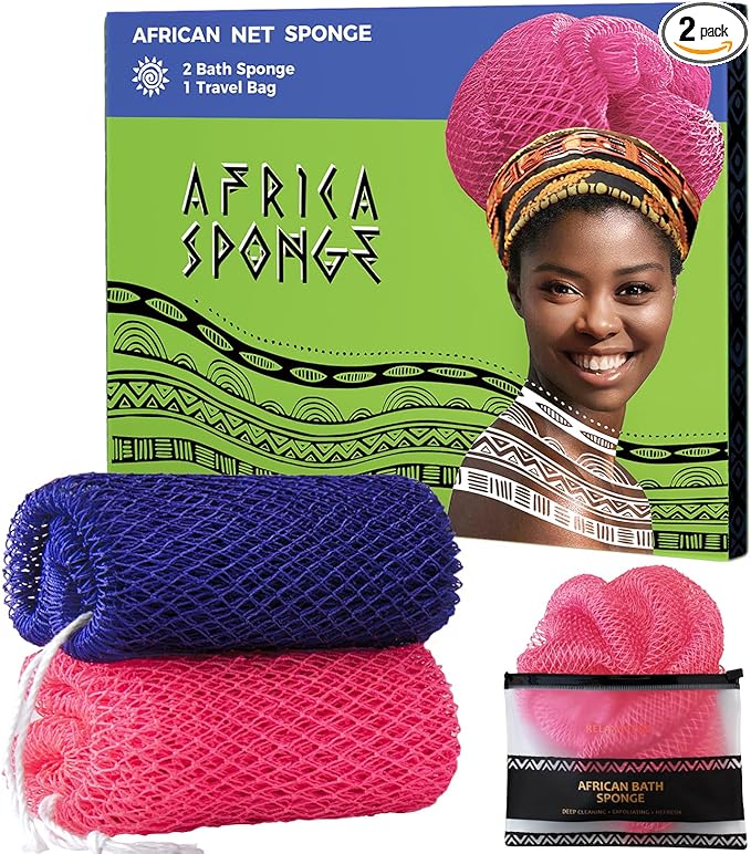 African Net Sponge Authentic - 2 Pieces 52IN Stretched Length Exfoliating Body Scrubber Bath Sponge - Loofah Washcloth Back Scrub for Shower Body Exfoliator