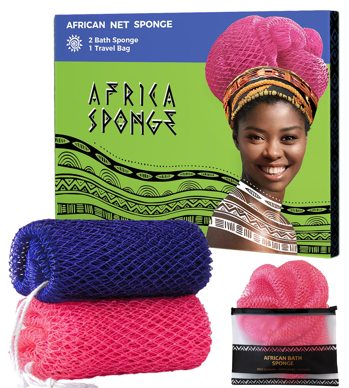 African Net Sponge Authentic - 2 Pieces Exfoliating Body Scrubber Bath Sponge - Back Scrubber Washcloth for Shower - Real African Scrub Exfoliator Body Care Bathing Accessories for Women