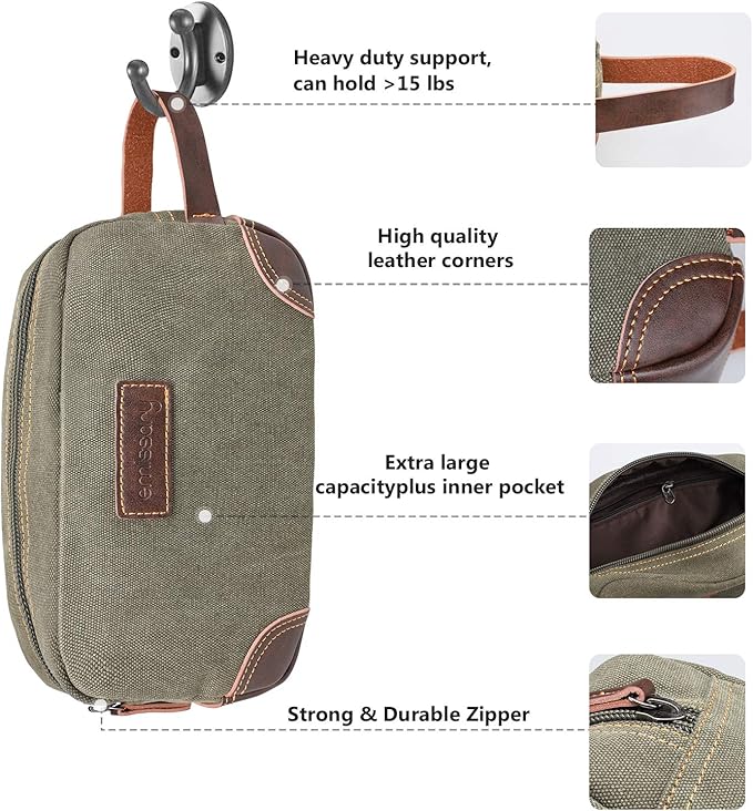 emissary Men's Canvas Travel Toiletry Bag, Leather Dopp Kit - Dark Green