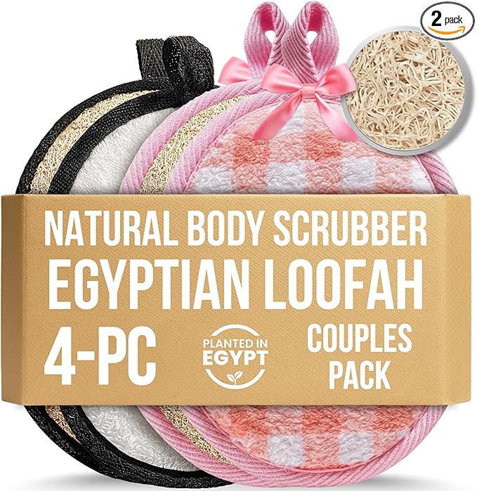 CraftsOfEgypt 4-Pack Natural Egyptian Loofah Exfoliating Body Scrubber Sponges for Men and Women, Bath Shower Loofahs for Face Back & Body, Individual Loofahs for Couples – 2 for Men, 2 for Women