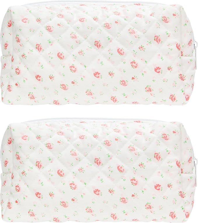 PAZIMIIK Small Quilted Makeup Bag,Zipper Cosmetic Pouch,Gauze Rose,2 Pack