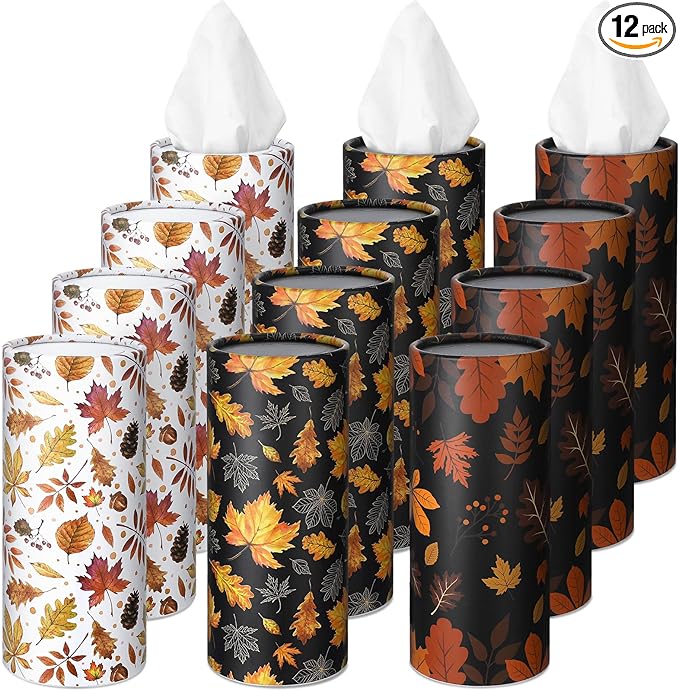 Fourluoo 12 Pack Car Tissue Cylinder Holder Bulk with 3 Ply Facial Tissues, Round Napkin Holders for Cup Holder Cylinder Travel Paper Tubes Bulk Round Napkin Boxes Packs(Maple Leaf)