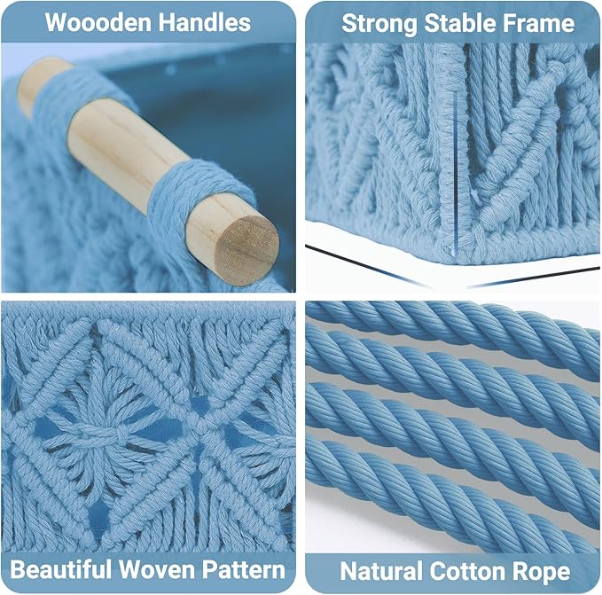 Nonam Macrame Storage Baskets, Boho Decor Style Woven Storage Boxes for Home Organization, Toilet Tank Shelf Cabinet Organizer Baskets,Set of 2,Rectangle,Blue