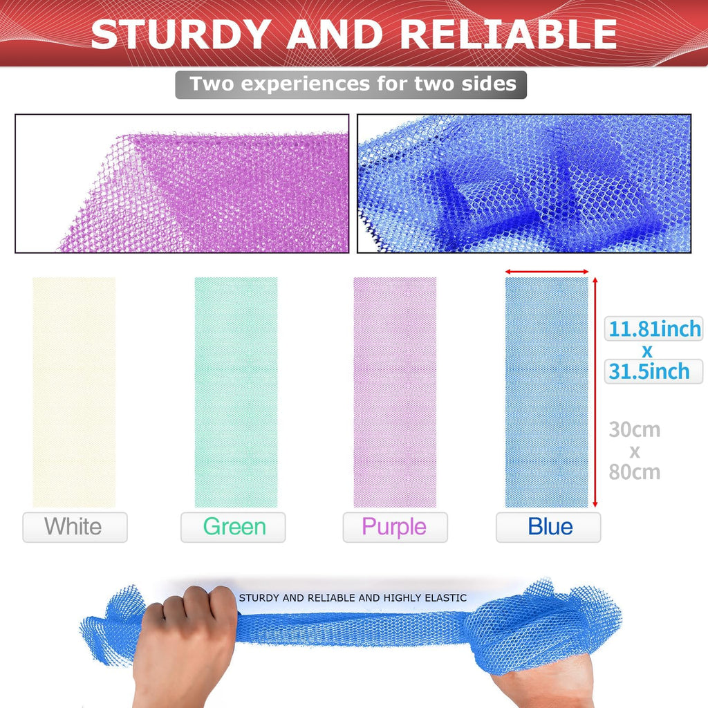 4 Pieces Exfoliating Washcloth Shower Towel African Net Sponge Japanese Wash Cloth Face Exfoliating Sponge Loofah Exfoliating Body Scrubber for Body Exfoliation (Blue, Green, Purple, White)