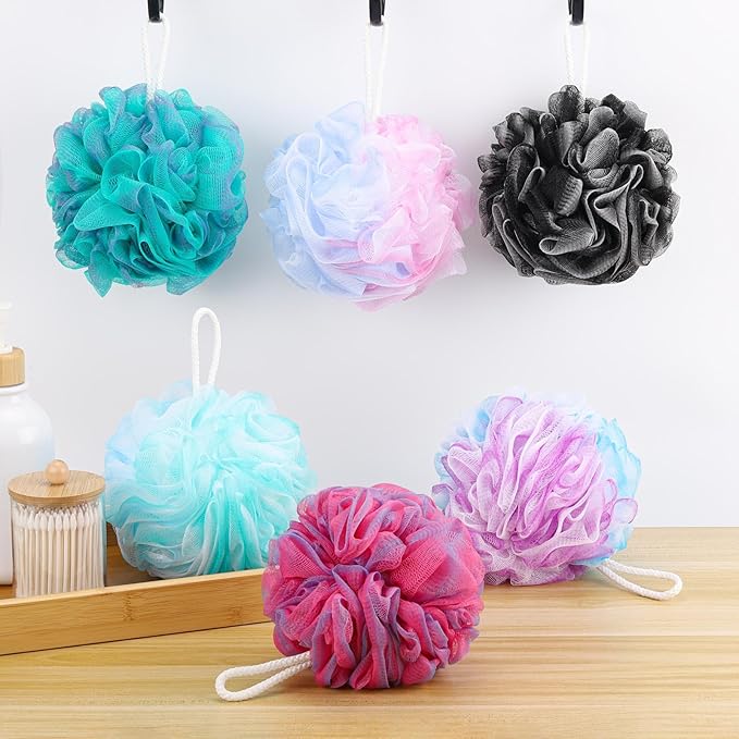 6 Pack Bath Loofah Sponge, 100g/pc XXL Large Mesh Pouf Shower Sponge Exfoliating Body Scrubber Shower Scrunchies