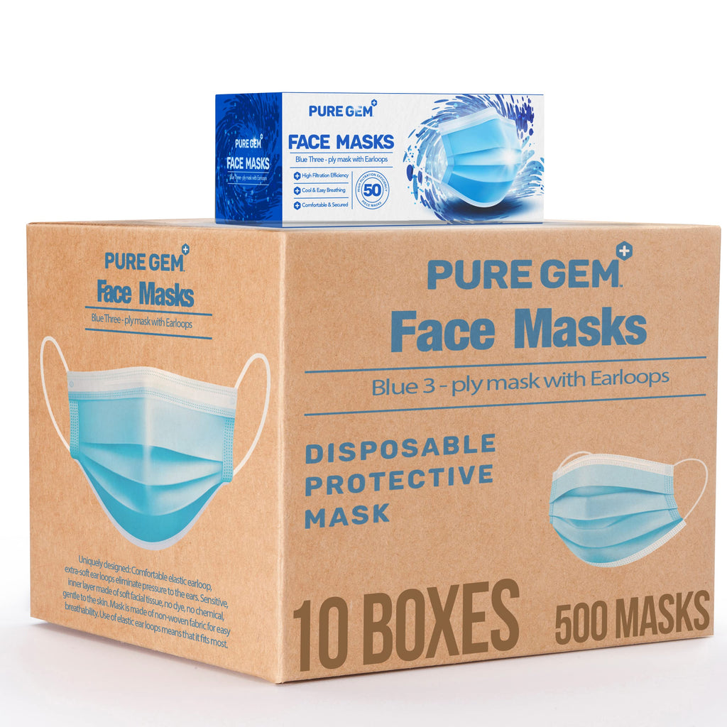 3-Ply Disposable Face Masks, Soft on Skin, Pack of Blue Masks with Elastic Earloops (500 Masks)
