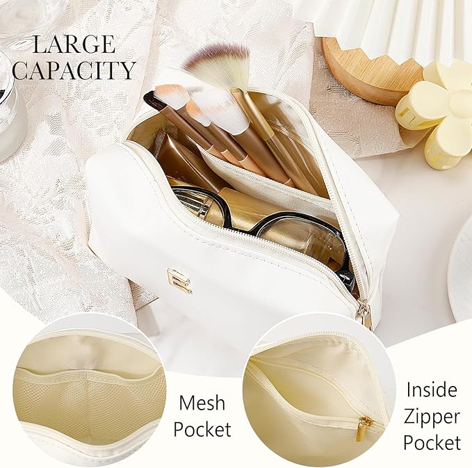Kigeli Gifts for Women Teen Girls Gifts for Bridesmaid Mom Teachers Graduation Birthday Wedding Personalized Initial Makeup Bag Beige PU Leather Monogram Cosmetic Waterproof Travel Toiletry Bag(E)