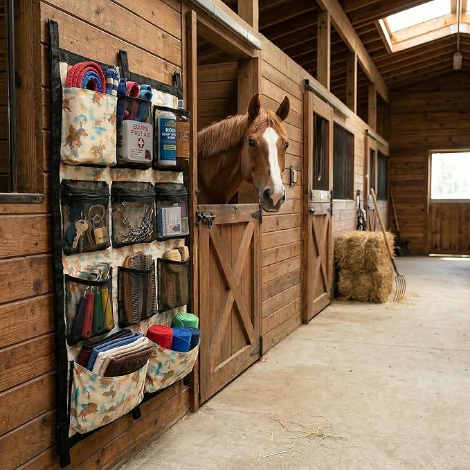 Horse Trailer Organizer & Grooming Bag - Large Hanging Door Caddy with Deep Mesh Pockets for Spray Bottles & Brushes - Heavy Duty 900D Polyester Tack Room Storage for Barn & Stall, 23" x 34"