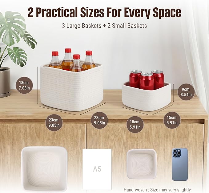 5-Pack Storage Cubes Woven Rope Baskets - 2 Sizes Organizer Bins for Closet, Shelf, Bookshelf, Nursery, Changing Table, Cube Storage Bins, Storage Baskets for Bathroom Toy & Home