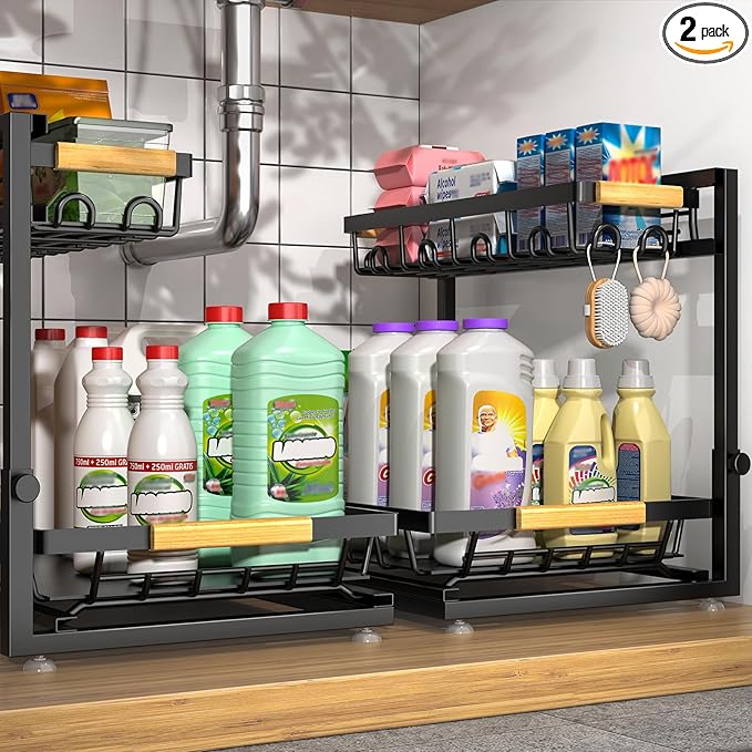 Sevenblue 2 Packs Under Sink Organizer, Height Adjustable 2 Tier Under Kitchen Sink Organizer, Multi-Purpose Storage Shelf for Kitchen Bathroom Cabinet (Black, Extra Large)
