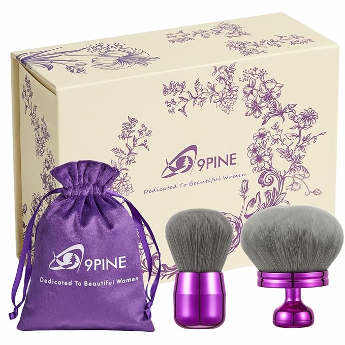 9 9PINE 2-in-1 Oversized Body Brush & Kabuki Makeup Brush Set - Ultra Soft for Self Tanner, Body Foundation, & Facial Makeup - Ergonomic Handle for Women, Travel Pouch & Gift Box (Purple)