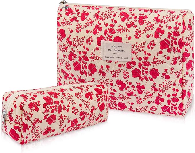 Gosect 2PC Makeup Bag Set, Cute Cosmetic Bag for Women Girls, Floral Coquette Aesthetic Toiletry Bag, Travel Make Up Organizer Bag (Beverly)